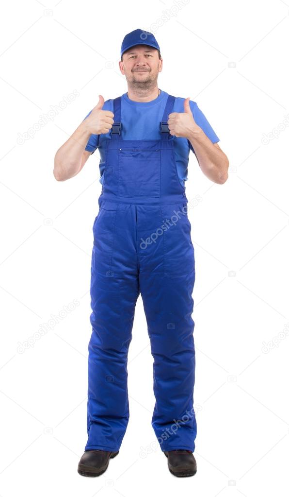 Worker in blue overalls. 