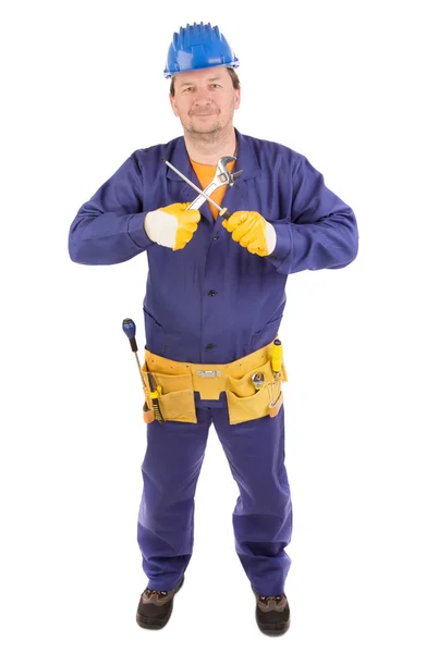 Worker in protective helmet with tools. — 图库照片