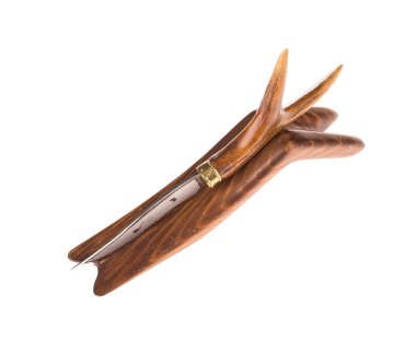 Bowie bıçak ile ahşap dinlenme kemik tutuş.