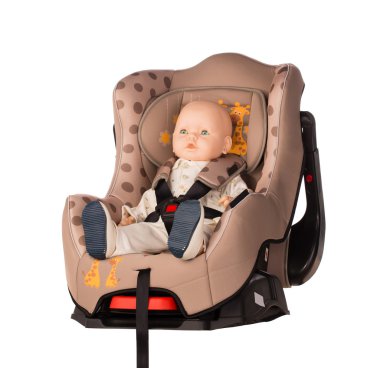Baby doll fastened in  booster seat clipart