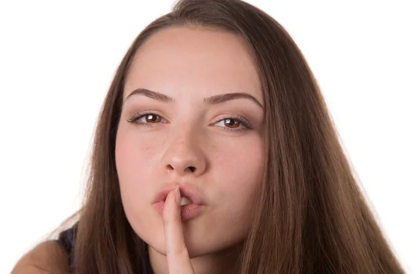 Vrouw met vinger vragen om stilte — Stockfoto