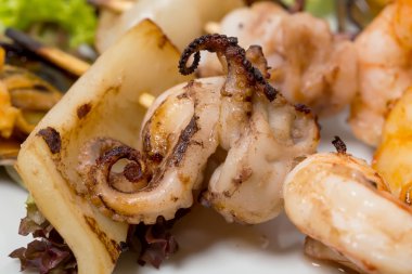 Izgara deniz ürünleri tabağı sıcak sos ile.