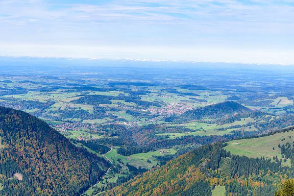 View from Hochgrat mountain nearby Oberstaufen (Bavaria, Bayern, Germany) by alps mountains. Good hiking way.