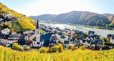 Assmanshausen 'deki kilise, evler ve üzüm bağları. Renkli sarı sonbaharda. Ren Nehri 'nin yukarısında (Mittelrhein), Rudesheim am Rhein yakınlarında, Lorch. Hessen, Almanya. Unesco
