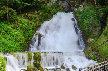 Alp dağlarında Jaun 'un şelalesi. Kanton Fribourg, Bulle yakınlarındaki Freiburg, Bern, Thun. Turist yürüyüşü için iyi bir yol. İsviçre