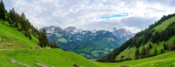 Vista Los Alpes Montañas Cielo Nublado Campos Verdes Jaun Canton — Foto de Stock