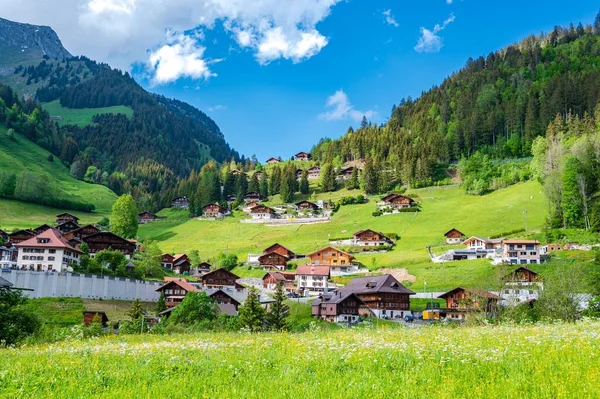Houses Alps Mountains Green Fields Blue Sky Jaun Kanton Fribourg — Φωτογραφία Αρχείου