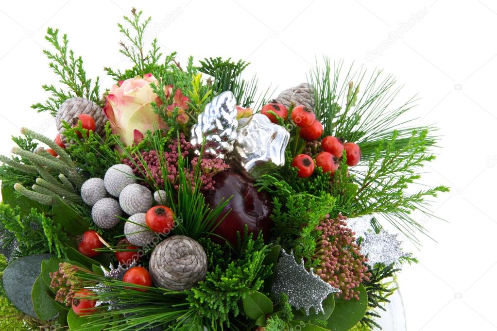 Christmas arrangement with red berries and ornaments