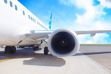 Havaalanı pist iniş yolcu uçak.