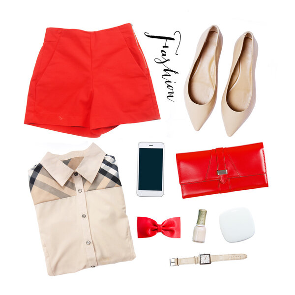 collection collage of women's clothing isolated white background