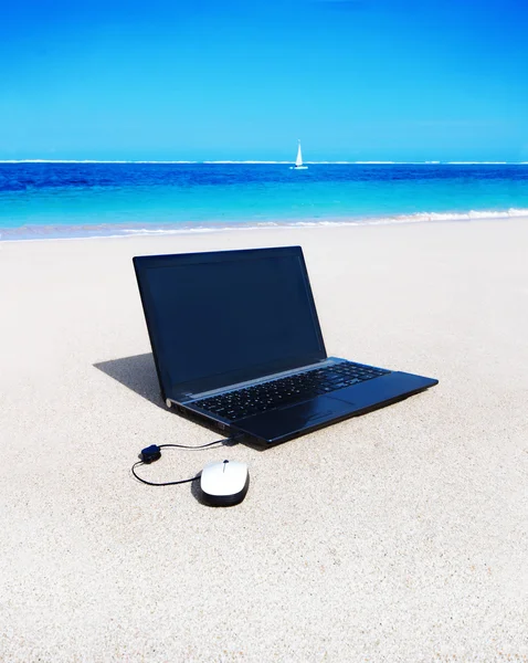 Laptop z myszką na piaszczystej plaży — Zdjęcie stockowe