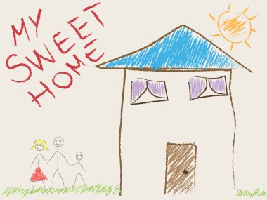 Child's drawing of his home and family clipart