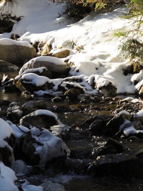 Close up of a small waterfall in a winter mountain creek with snow.