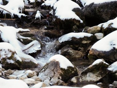 Güneşli bir dağ deresinde, buzlu kayalıklardan ve kardan akan küçük şelale..