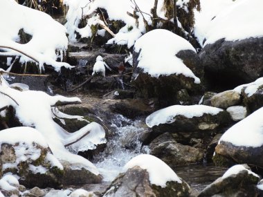 Close-up of crystal clear water flowing through ice and snowy rocks in a winter stream.