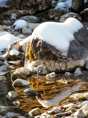 Güneşli dağ suyu, kış ormanlarındaki karlı kayalar arasında altın ışığı yansıtıyor..