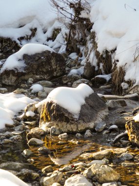Güneşin suya ve karlı kıyılara yansıdığı bir dağ deresine yakın..