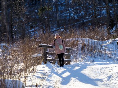 Kışın tahta bir orman köprüsünde duran bir kadın korkuluklara yaslanıyor.