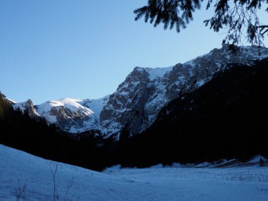 Dağlık vadide, karlı yamaçlar ve daima yeşil çam ormanları var.