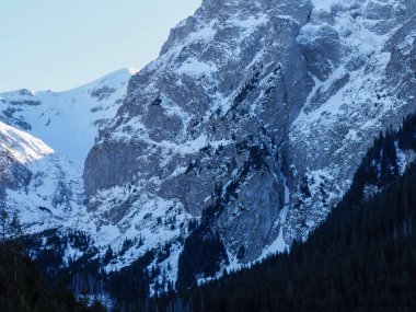 Muazzam granit kayalıkların ve karanlık kozalaklı bir ormanın üzerinde yükselen karlı dağ tepelerinin dramatik manzarası..