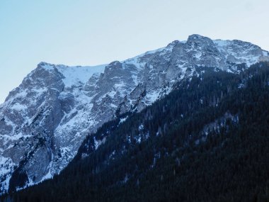 Muazzam granit dağ duvarı, koyu bir çam ormanının üzerinde karla kaplı dikey dokuları var..