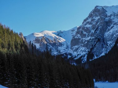 Çam ağaçlarının üzerinde karla kaplı keskin kayalık bir dağın yakın görüntüsü.