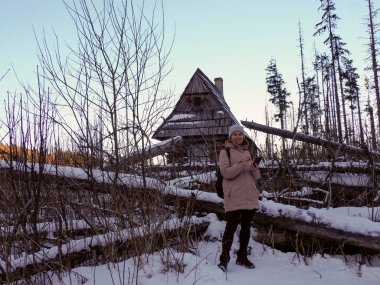 Karlı kış dağlarında sırt çantalı bir kadın turistin telefon kullanırken tam görüntüsü..