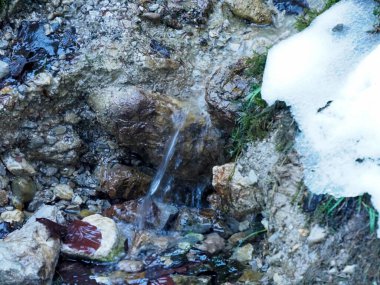 Küçük bir kaynak suyunun kapağı kar tarlasının yakınındaki kayalık zeminden süzülüyor.