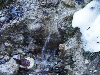 Dağlarda eriyen kış karıyla çevrili toprak ve kayalardan akan doğal su kaynağı.