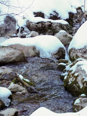 Buzla kaplı büyük kayaların etrafından akan akarsuyun etrafını sarın.