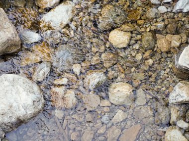 Şeffaf akarsuyu kapatın. Kadim kahverengi nehir kayaları üzerinde hızla hareket edin.