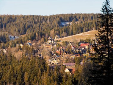 Yoğun bir kış ormanında yuva yapmış bir dağ köyünün manzarası.