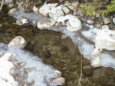 Kış boyunca akan su ve eriyen buz manzaralı bir dağ deresinde