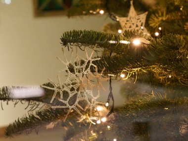 El yapımı tığ işi kar tanesi süslemeleri ışıklarla kaplı yeşil dallara asılıdır.
