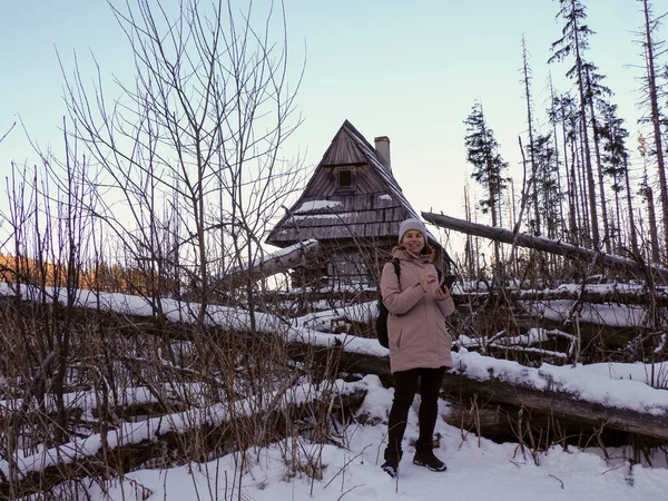 Geleneksel ahşap bir dağ kulübesinin önünde dururken akıllı telefonu kontrol eden bir kadın..