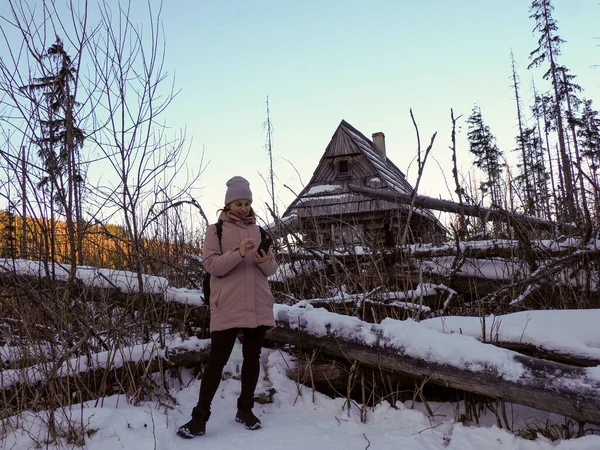 Karlı dağlarda seyrüsefer için akıllı telefon uygulaması kullanan kışlık kıyafetli genç bir kadın..