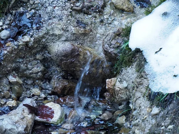 Dağlarda eriyen kış karıyla çevrili toprak ve kayalardan akan doğal su kaynağı.