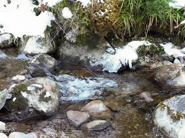 Kar ve buz oluşumları arasında akan küçük bir dağ deresinin yer aldığı güzel kış manzarası