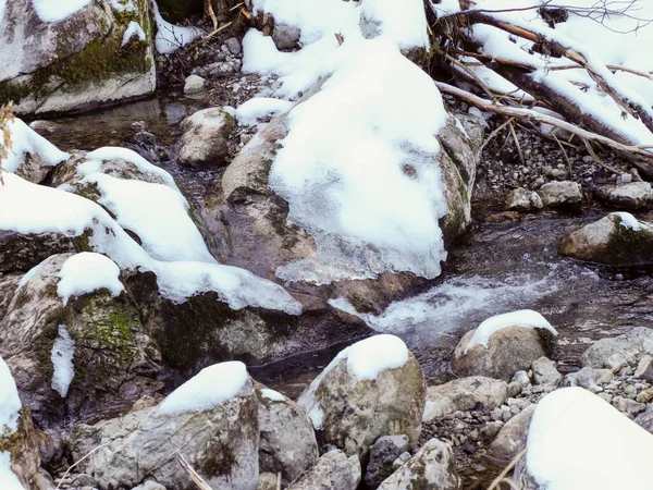 Buzlu kayalar ve dağlardaki tatlı karlar arasından geçen doğal su akıntısı.