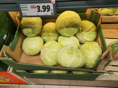 Bir markette ahşap bir sandıkta dizilmiş taze yeşil lahana manzarası.