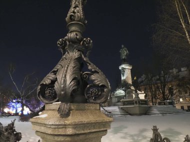 Varşova 'daki Adam Mickiewicz anıtının gece manzarası karlı kış ağaçlarıyla çevrili.