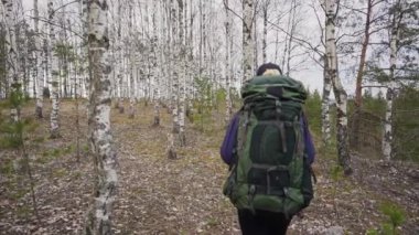 Sırt çantalı genç bir kadın gündüz vakti ormanda yürüyor, ağır çekim. 