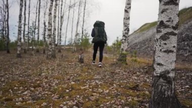 Sırt çantalı genç bir kadın gündüz vakti ormanda yürüyor, ağır çekim. 