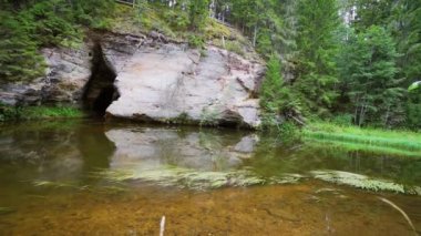 Estonya 'daki Ahja nehrinin kıyısında Devonian kumtaşı çıkıntıları. Ağır çekim. Sabit görüntü
