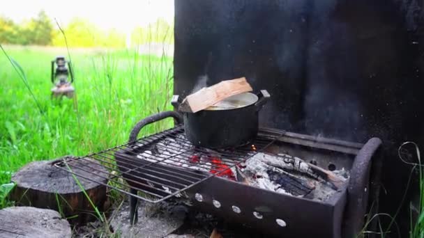 Primo Piano Della Padella Con Zuppa Pesce Bollente Sul Barbecue — Video Stock