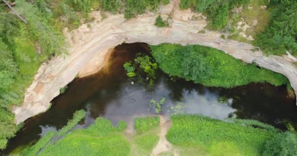 アハ川 タエバスコ エストニアの岸におけるデボン紀の砂岩の露頭の空中図 — ストック動画