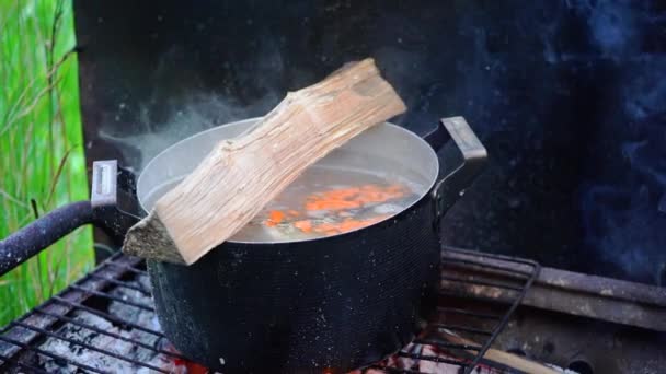 Primo Piano Della Padella Con Zuppa Pesce Bollente Sul Barbecue — Video Stock