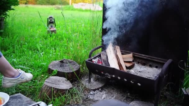 Vrouw Rust Dicht Bij Brazier Met Houten Stammen — Stockvideo