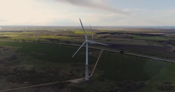 Imagens Aéreas Turbinas Eólicas Campos Agrícolas Dia Verão Pôr Sol — Vídeo de Stock