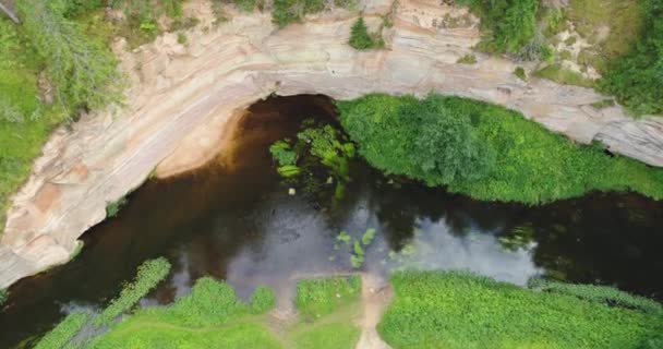 アハ川 タエバスコ エストニアの岸におけるデボン紀の砂岩の露頭の空中図 — ストック動画